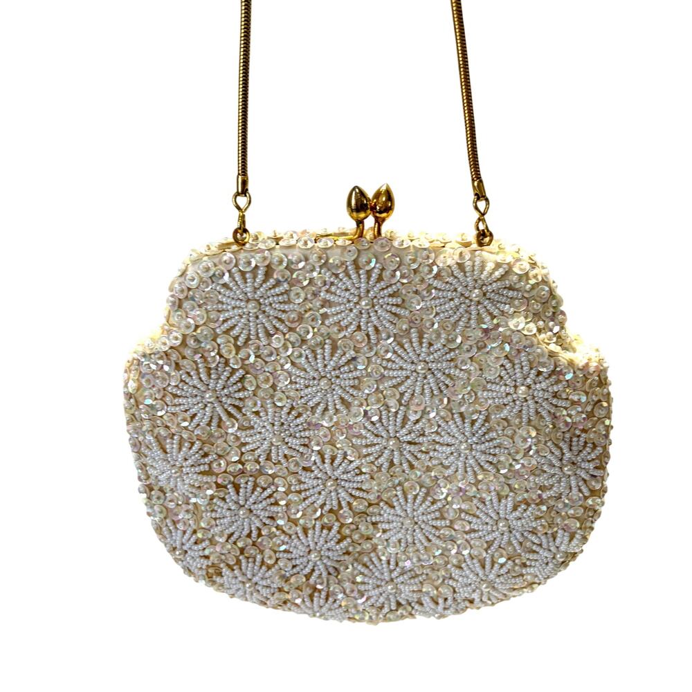 Vintage La Regale Beaded Sequin Evening Purse Ivory Floral Gold Chain Hong Kong